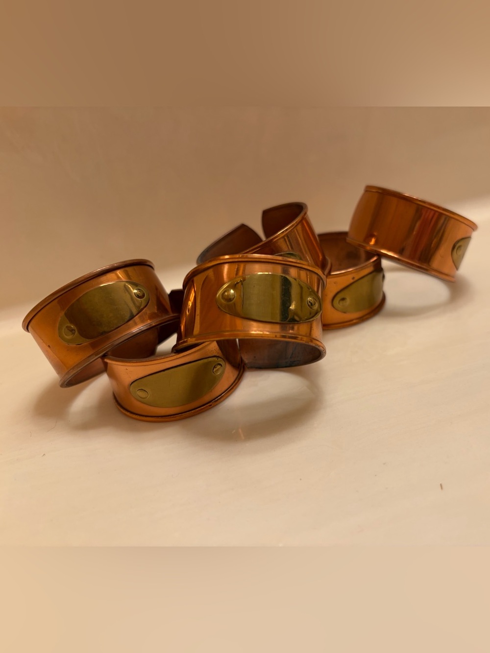 Copper Tone Metal Napkin Rings with Brass Accent - Set of 6